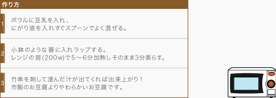 [作り方]1・ボウルに豆乳を入れ、にがり液を入れすぐスプーンでよく混ぜる。、2・小鉢のような器に入れラップする。レンジの弱(200w)で5〜6分加熱しそのまま3分蒸らす。、3・竹串を刺して澄んだ汁が出てくれば出来上がり！市販のお豆腐よりやわらかいお豆腐です。