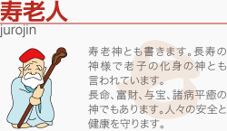 [寿老人]寿老神とも書きます。長寿の神様で老子の化身の神とも言われています。
長命、富財、与宝、諸病平癒の神でもあります。人々の安全と健康を守ります。