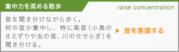 【集中力を高める散歩】音を聞き分けながら歩く。
何の音か集中し、特に高音（小鳥のさえずりや虫の音、川のせせらぎ）を聞き分ける。