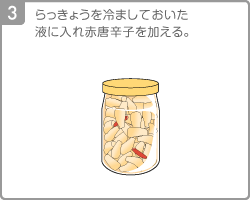 [Step3]らっきょうを冷ましておいた液に入れ赤唐辛子を加える。