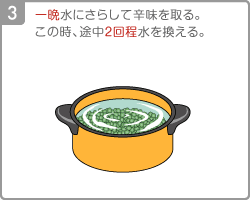 [Step3]一晩水にさらして辛味を取る。この時、途中2回程水を換える。 