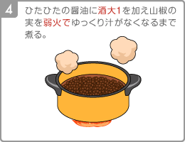 [Step4]ひたひたの醤油に酒大１を加え山椒の実を弱火でゆっくり汁がなくなるまで煮る。 