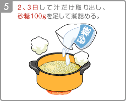 [Step5]2、3日して汁だけ取り出し、砂糖100gを足して煮詰める。 